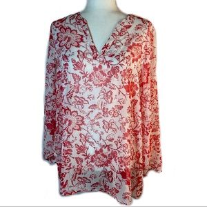 Susan Graver Floral Print Red Pink Silver Long Sleeve V-neck Blouse Size Medium